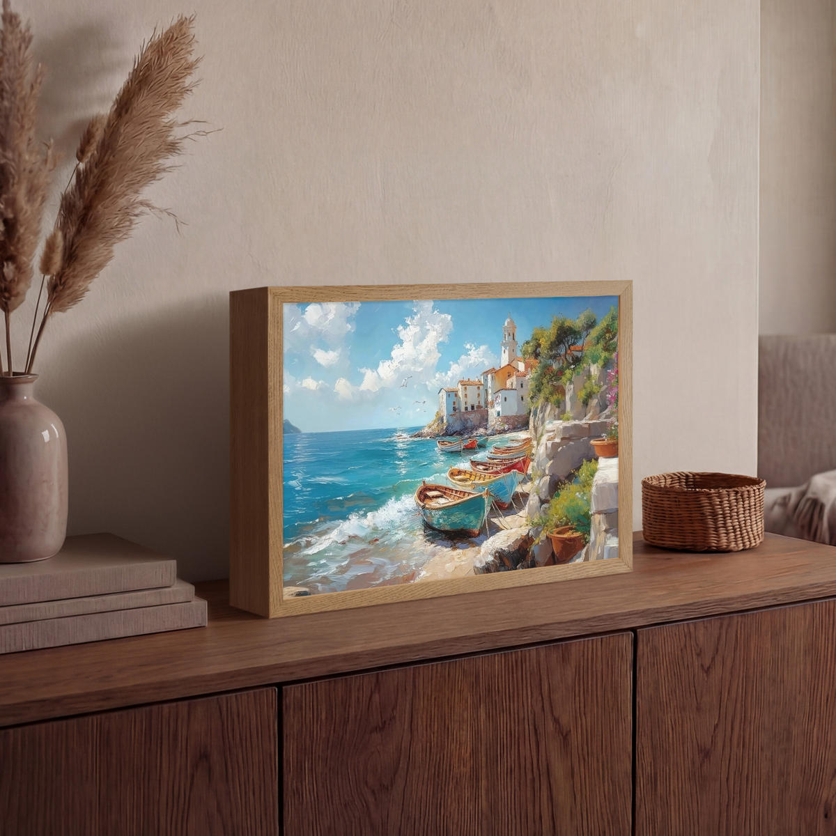 NÁSTĚNNÁ LAMPA S AKUMULÁTOREM Lodě - skály - moře - slunce 40x30 cm - modrá, kompozitní dřevo (40/30/8cm) - OnlyWow