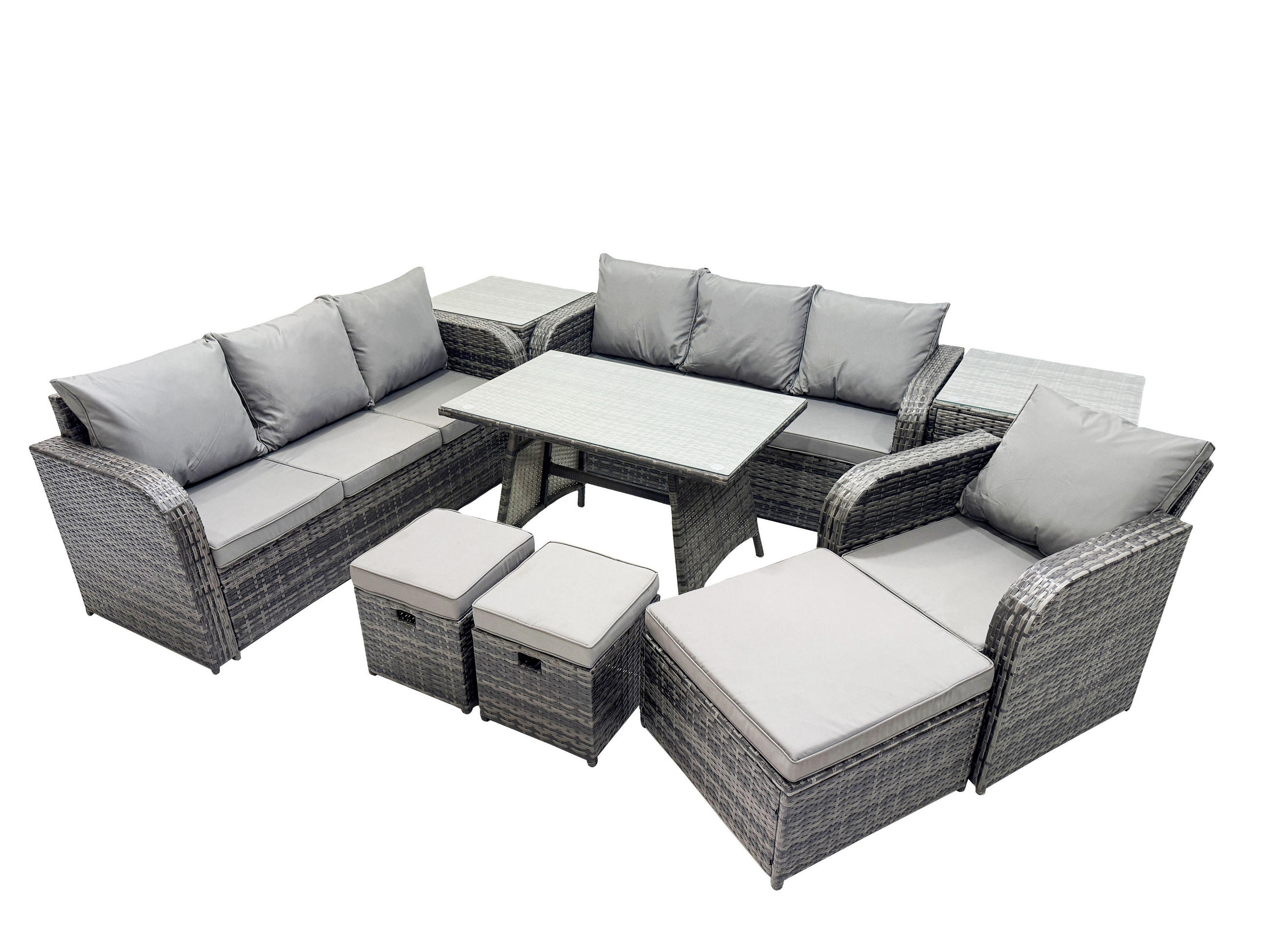 GARTENSET Hohe Rückenlehne Polyrattan 10-Sitzer - Dunkelgrau/Grau, Glas/Kunststoff - Fimous