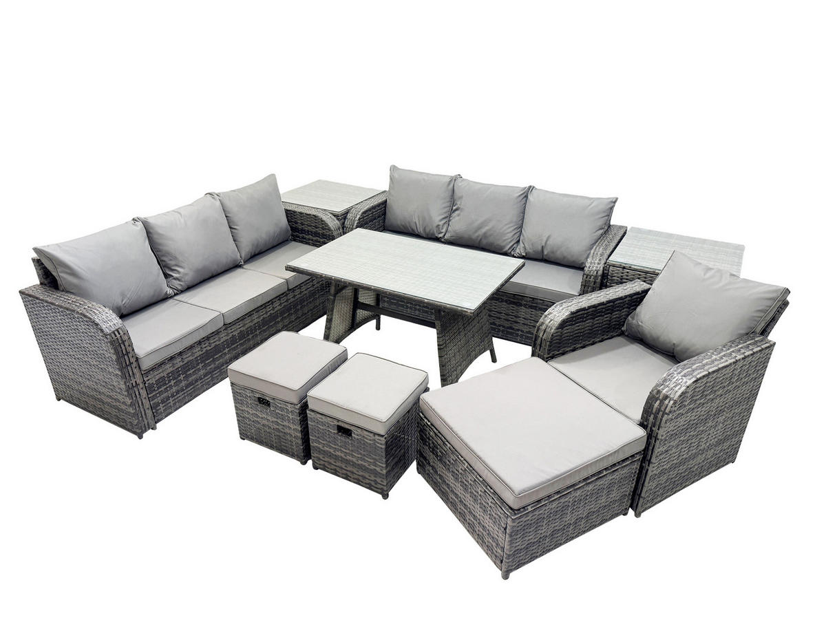 GARTENSET Hohe Rückenlehne Polyrattan 10-Sitzer - Dunkelgrau/Grau, Glas/Kunststoff - Fimous