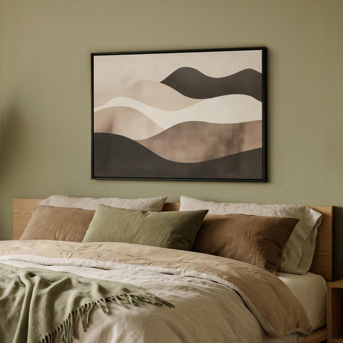 LEINWAND Bilder mit Rahmen - Abstrakt - Landschaft - Wellen - Cremefarben - 70x50 - Cappuccino, Textil (70/50cm) - MuchoWow