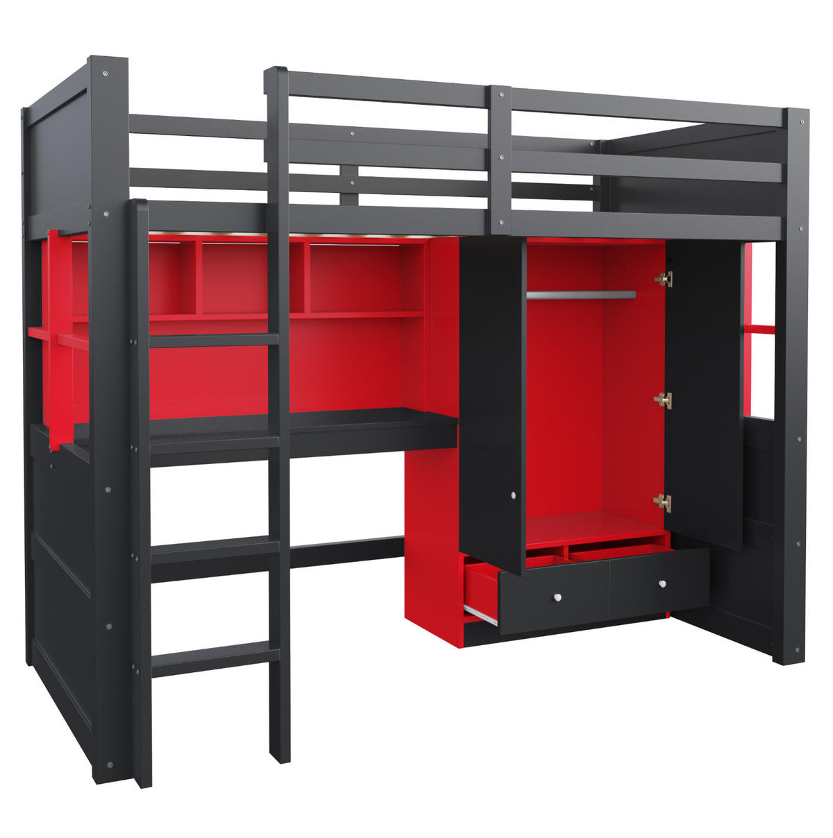 HOCHBETT 90/200 cm aus Holz mit LED-Beleuchtung Steckdosen Schreibtisch und Kleiderschrank Schwarz/Rot - Schwarz, Holz (90/200cm) - Modenvie