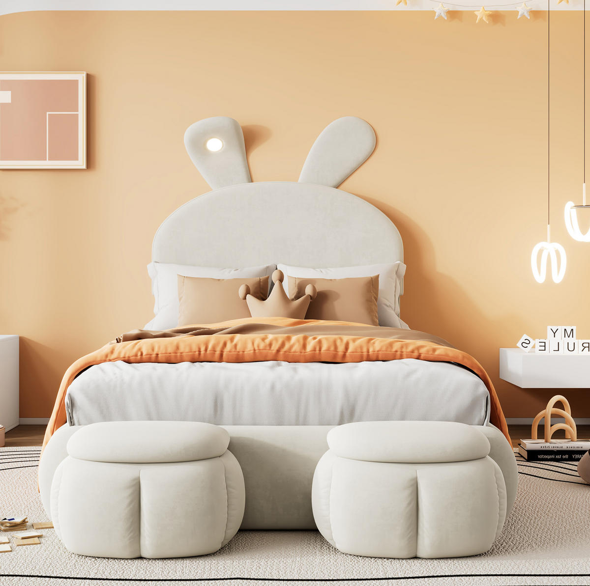 POLSTERBETT mit LED-Licht 90x200 cm Samt Beige mit 2er-Set Aufbewahrungshocker - Beige, Holzwerkstoff (90/200cm) - Beauniv