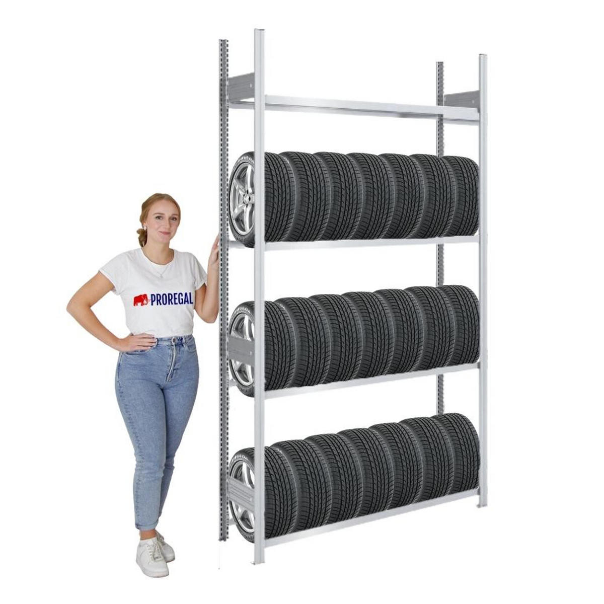 REIFENREGAL TIRE PRO 250x150x43cm 4 Ebenen 150kg Fachlast Bis zu 7 Reifen pro Ebene Verzinkt - Silberfarben, Metall (150/250/43cm) - PROREGAL