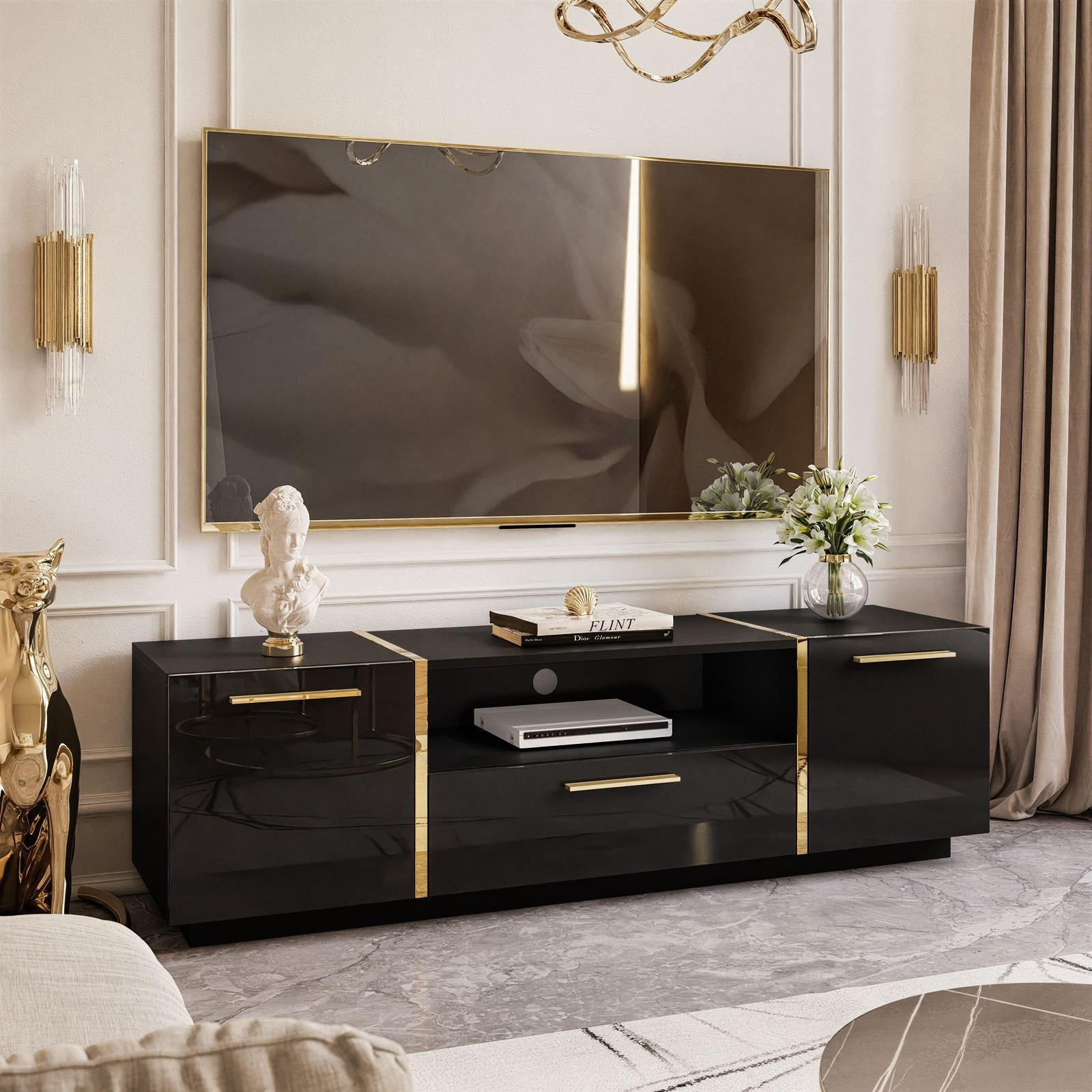 TV-ELEMENT ONYX HOCHGLANZ 158 CM - Schwarz, Holzwerkstoff (158/46/41.3cm) - Lookway