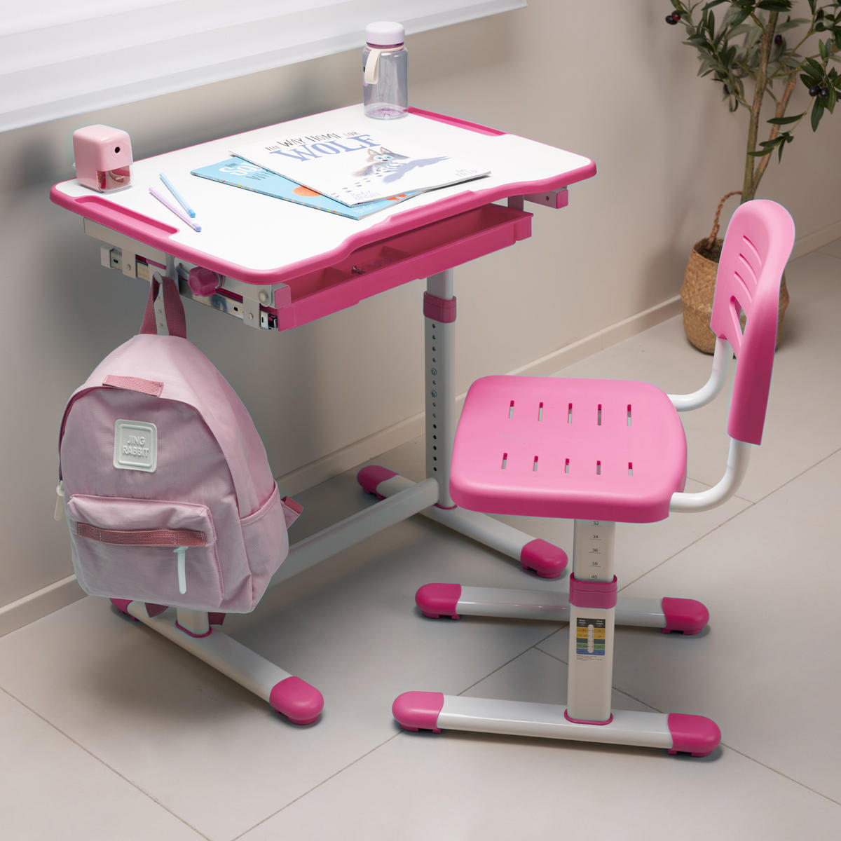 KINDERSCHREIBTISCH-SET 2 TLG. Sala - Pink/Weiß, Holzwerkstoff/Kunststoff (66.5/54/47.5cm) - [en.casa]