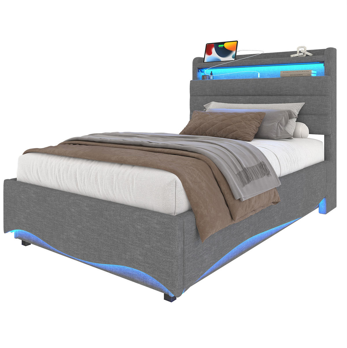 ČALÚNENÁ posteľ z ľanu, 90/200 cm sivá, s LED osvetlením a hydraulickým úložným priestorom - sivá, textil (90/200cm) - BEAOK
