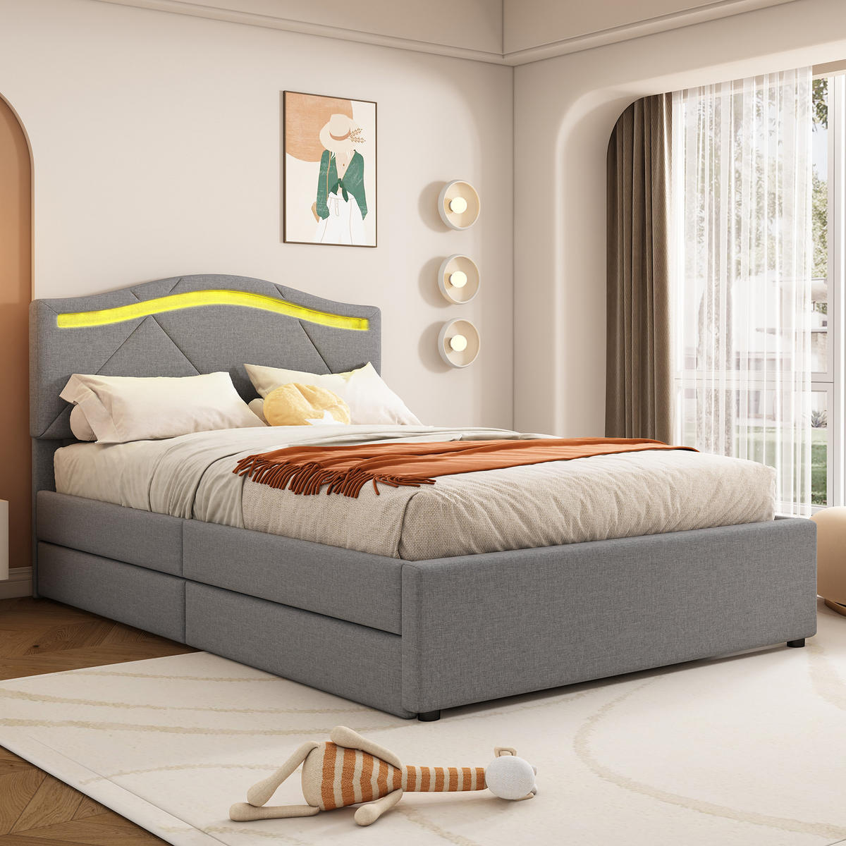 POLSTERBETT 90x200cm Grau Leinen Fernbedienung 2 Schubladen Kopfteil - Grau, Holz (90/200cm) - FLIEKS