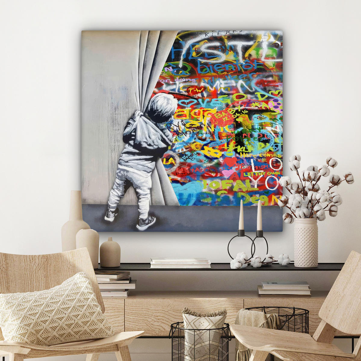 LEINWANDBILD Graffiti - Junge - Ilussie - Straßenkunst Deko Groß 90x90 cm - Hellgrau, Textil (90/90cm) - MuchoWow