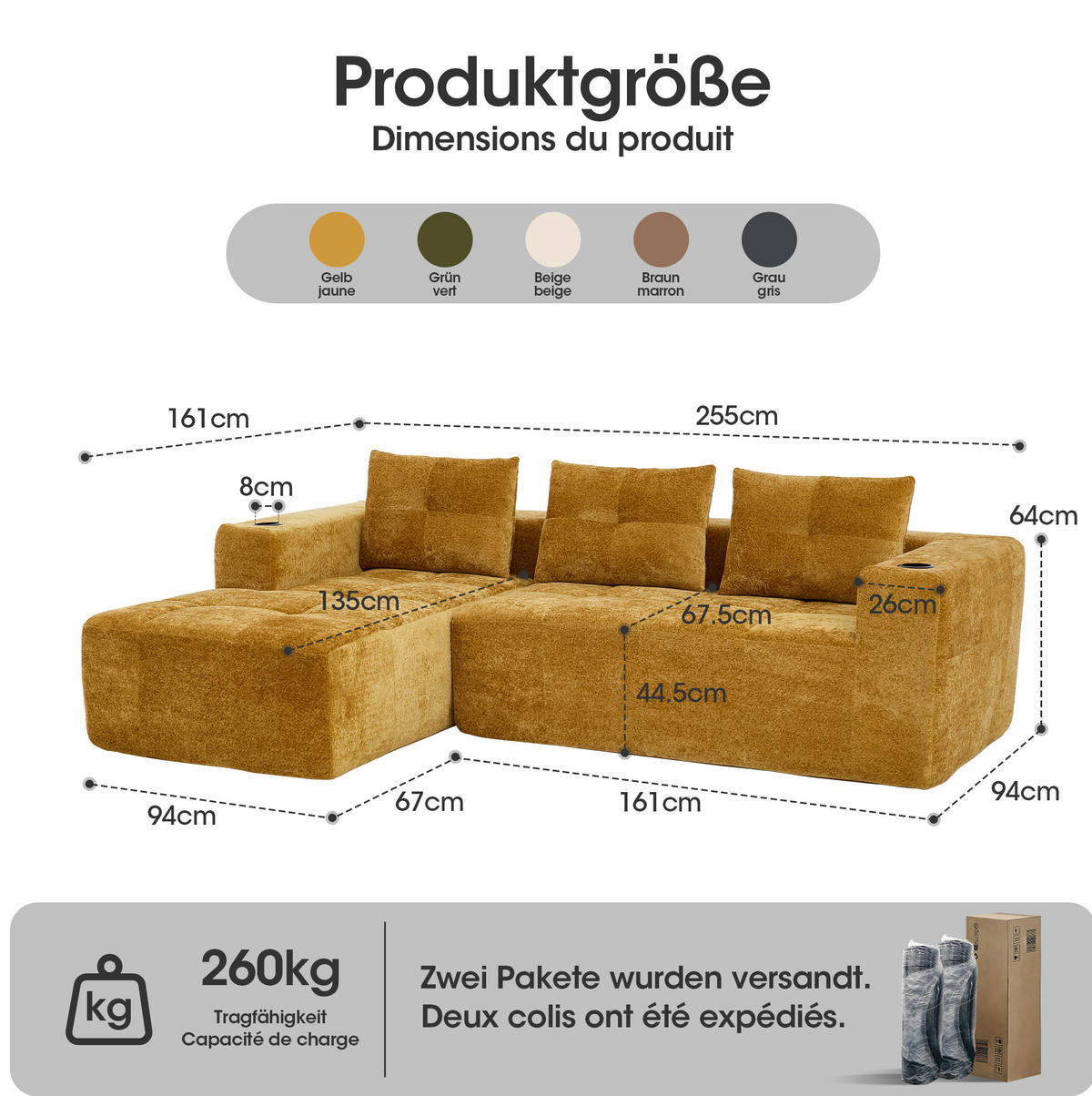 ECKSOFA 258 cm Gelb aus Chenille mit Becherhaltern - Gelb, Textil (163/258cm) - OKMYHOME