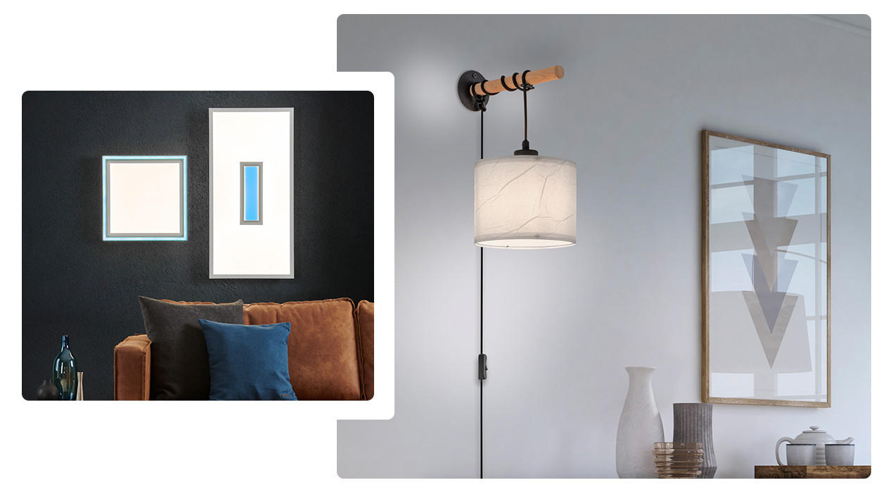 Wohnzimmerwand gestalten, Beleuchtung im Wohnzimmer, Wandleuchte, Lampen an der Wand, Sideboard, Rahmenbild