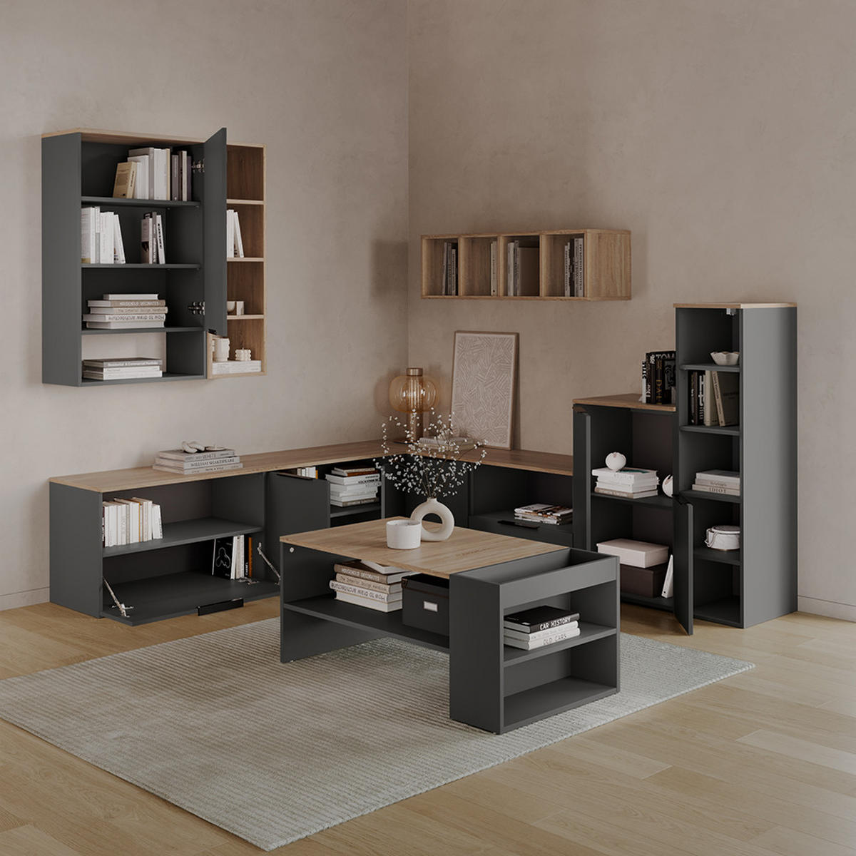 KOMMODE Piave Anthrazit/Sonoma mit 1 geschlossenem Fach - Anthrazit/Sonoma Eiche, Holzwerkstoff (80/50/40cm) - Livinity®