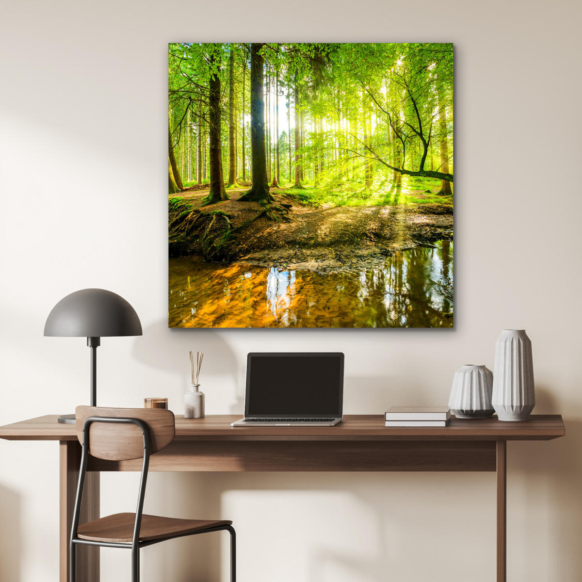 METALLBILD Wald - Landschaft - Wasser - Bäume - Sonne - Grün - Natur 90x90 cm - Grün, Metall (90/90cm) - MuchoWow
