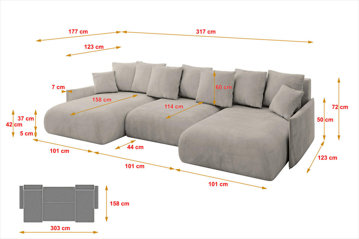 WOHNLANDSCHAFT mit Schlaffunktion und Bettkasten ONESK-U-v1 317x177x72 Hellbraun Velours - Hellbraun, Holzwerkstoff/Kunststoff (317/72/177cm) - ALTDECOR