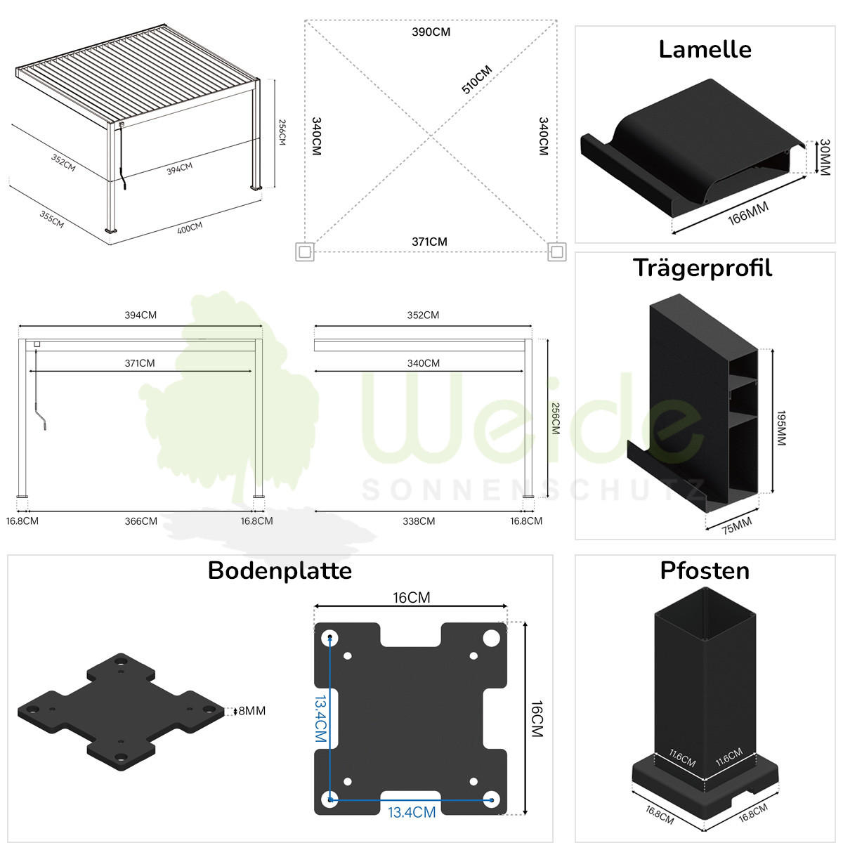 PERGOLA Deluxe Wand Pavillon Terrassenüberdachung Aluminium 3,6 x 4 m anthrazit - Schwarz, Metall (360/255/400cm) - WEIDE