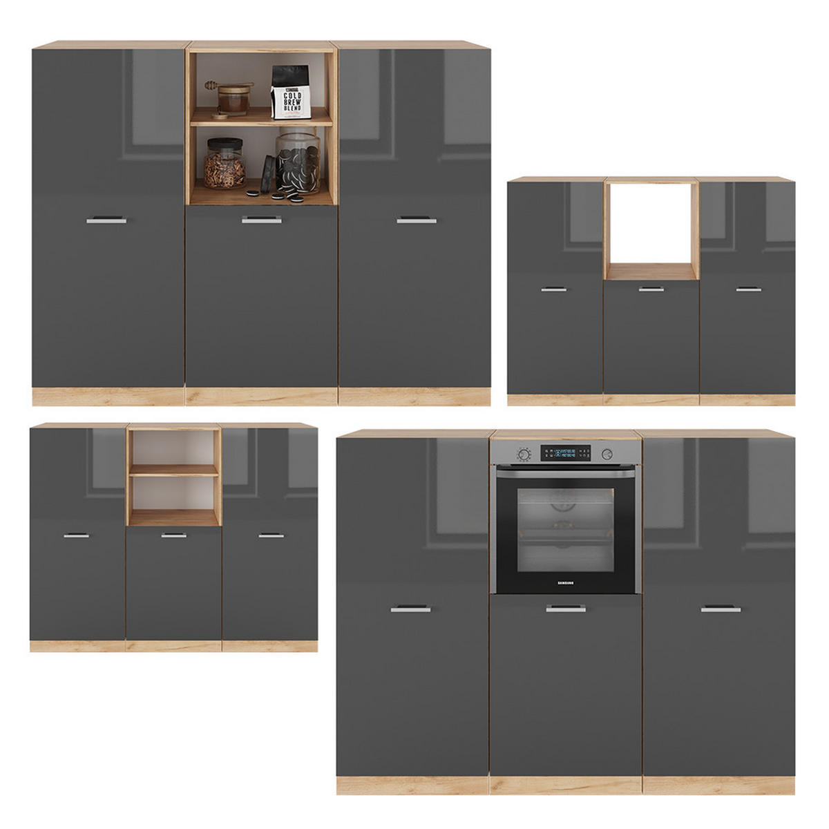 KÜCHENBLOCK R-Line Anthrazit Hochglanz/Goldkraft Eiche 180 cm ohne AP - Honigeiche/Anthrazit, Holzwerkstoff (180/81.6/46cm) - Vicco