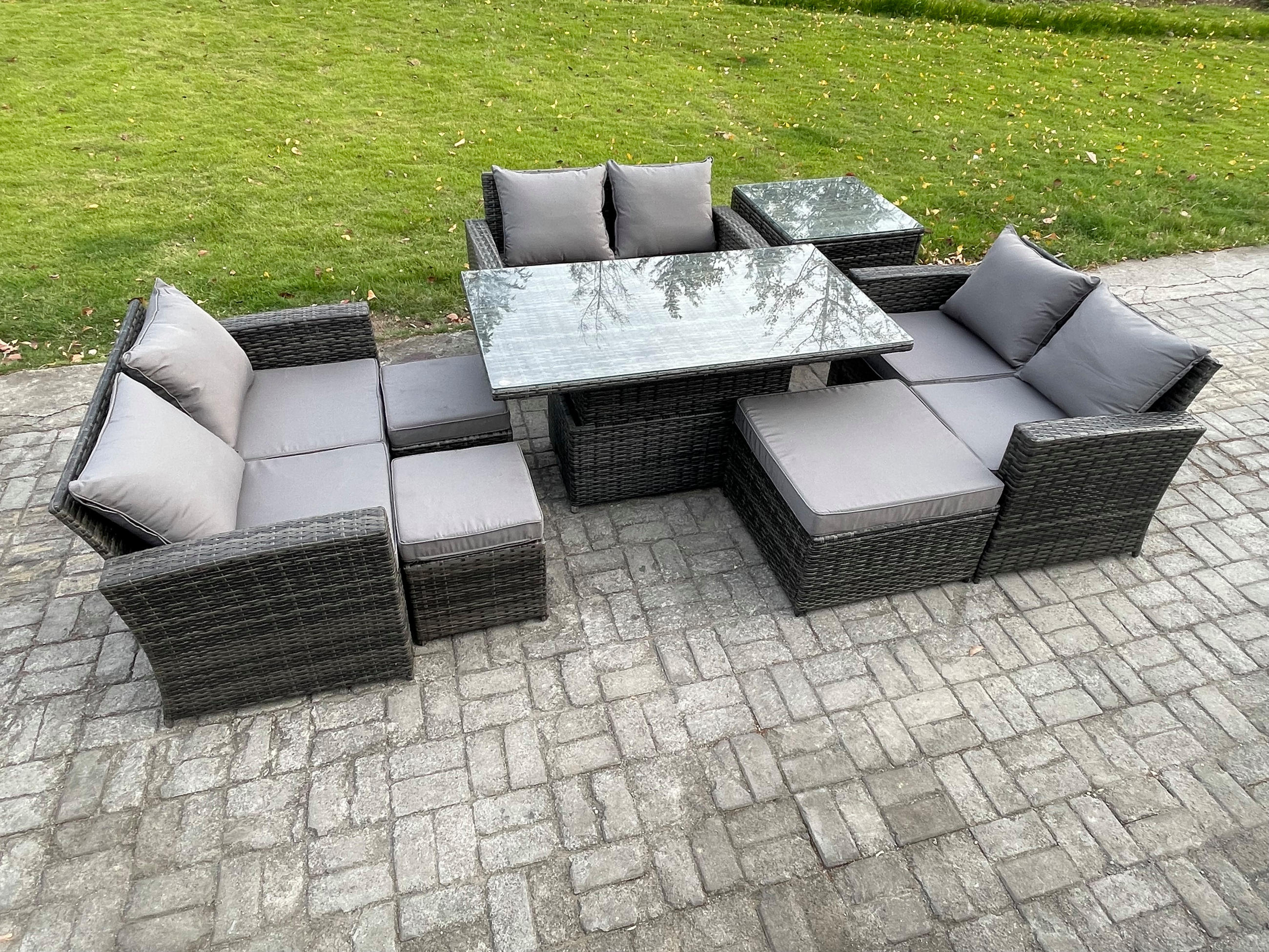 GARTENSET Polyrattan Dunkelgrau 9-Sitzer - Dunkelgrau, Metall - Fimous