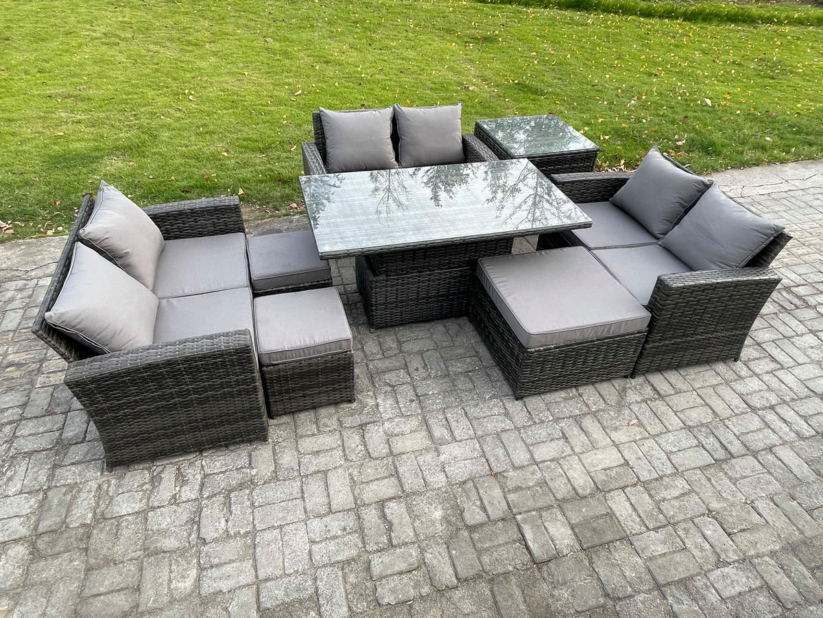 GARTENSET Polyrattan Dunkelgrau 9-Sitzer - Dunkelgrau, Metall - Fimous
