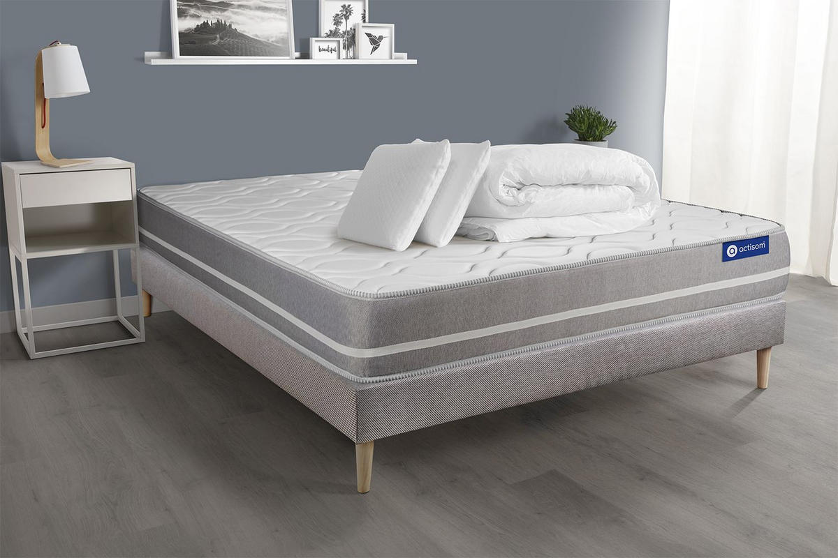 BETT Actiflex touch Taschenfederkern 140 x 200 cm h1 - Kit Bettgestell Grau - Mit Kissen und Bettdecke - Beige/Grau, Holz/Textil (140/200cm) - ACTISOM