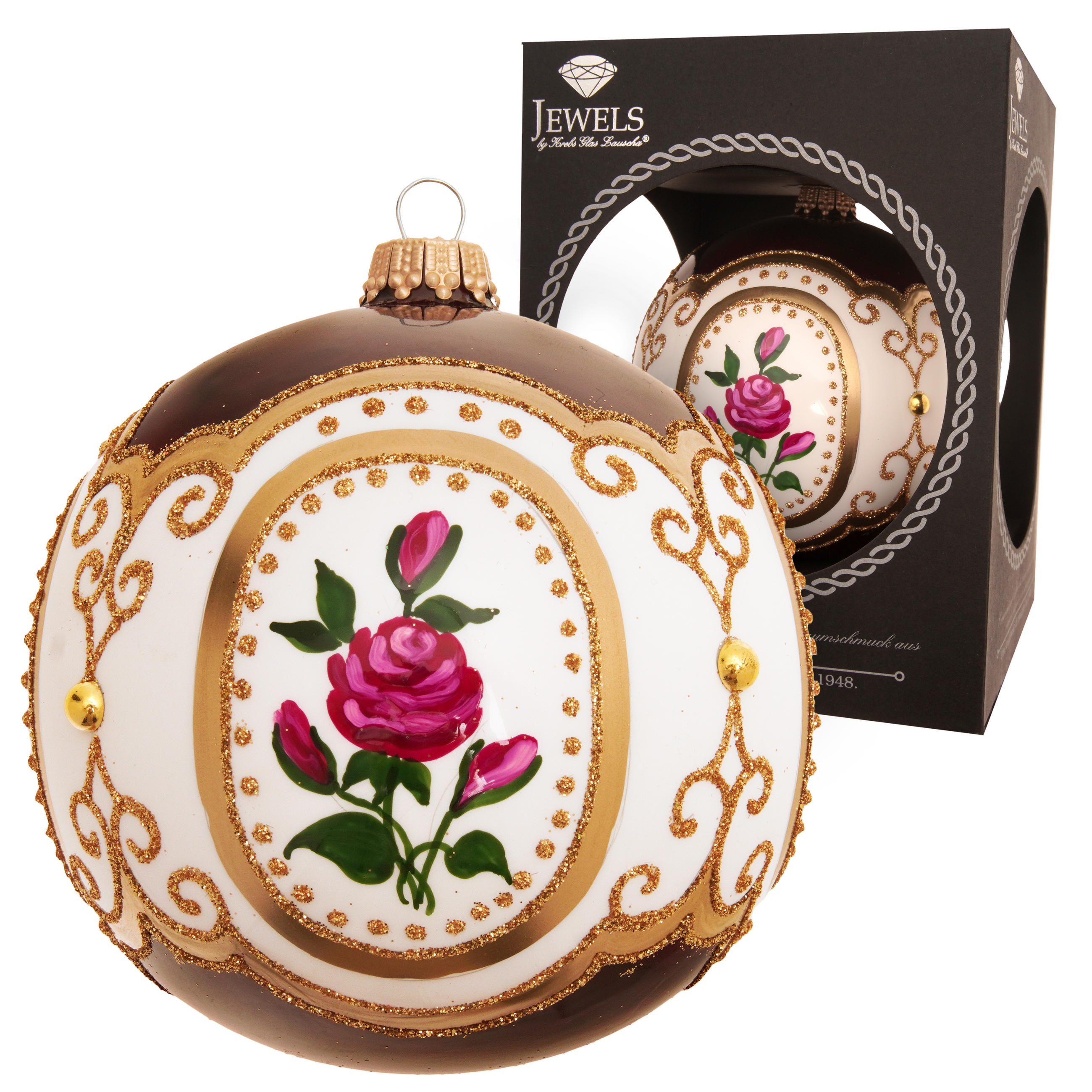 CHRISTBAUMKUGEL Rosendesign Barock Rot 10cm (Glas / 1 Stk.) - Rot, Glas (10/10/10cm) - Krebs Glas Lauscha