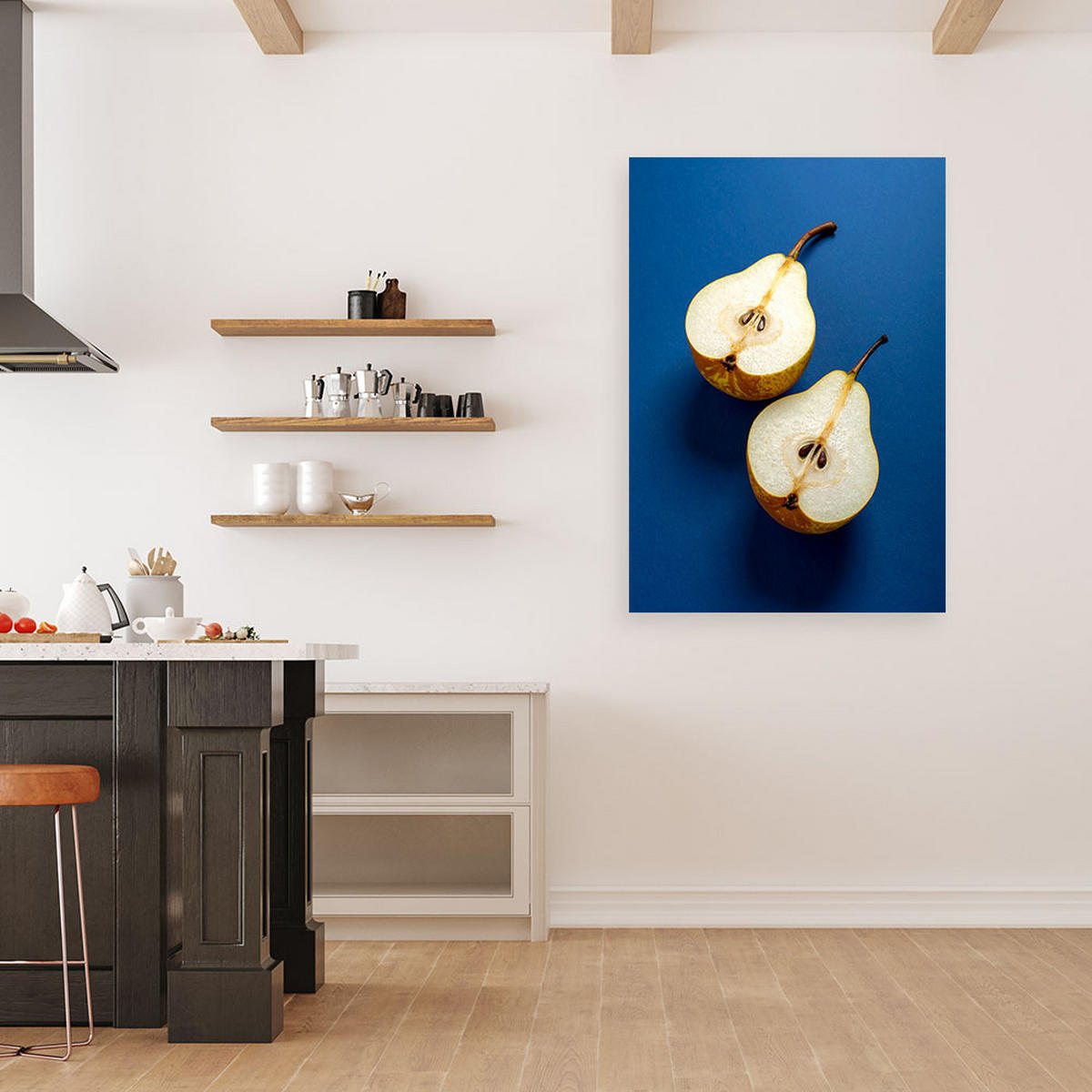 WANDBILD, Zwei Birnenhälften vor intensivem blauen Hintergrund - Blau, Textil (70/100cm) - Feeby