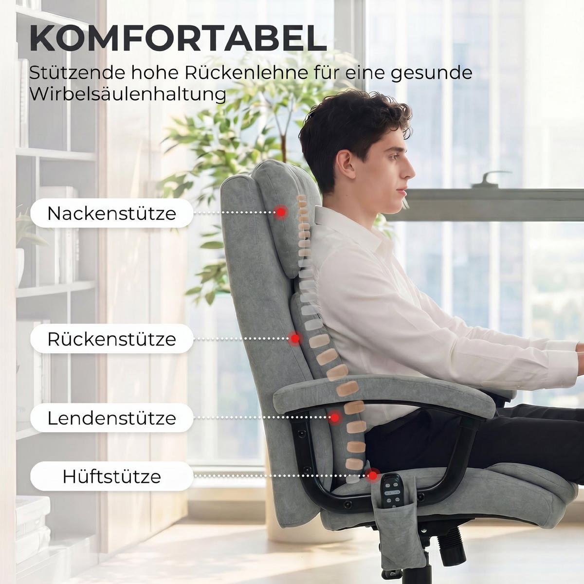 BÜROSTUHL mit Massagefunktion aus Polyester Grau - Schwarz/Grau, Textil/Metall (70.5/122/76cm) - HOMCOM