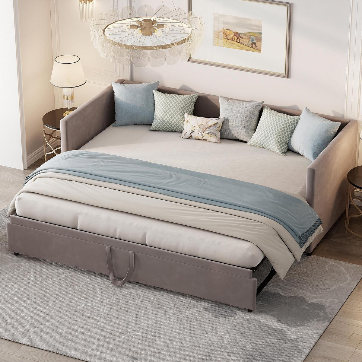 POLSTERBETT Velvet Lounge Polster-Tages 90-180x200 cm ausziehbar mit Gästebett-Funktion, Samt, Grau - Grau, Textil (90/200cm) - DELFA