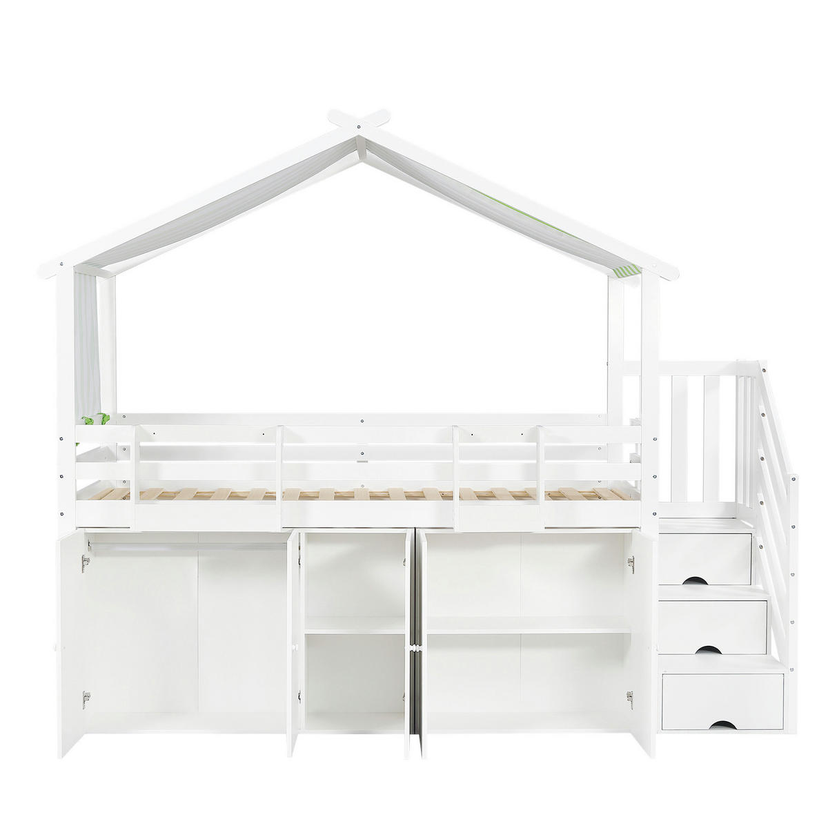 ETAGENBETT aus Kiefer und MDF 90x200 cm Weiß/Grün mit Stauraumtreppe, Schrank, Fallschutz und Dachdesign - Weiß, Holzwerkstoff (90/200cm) - Modfu