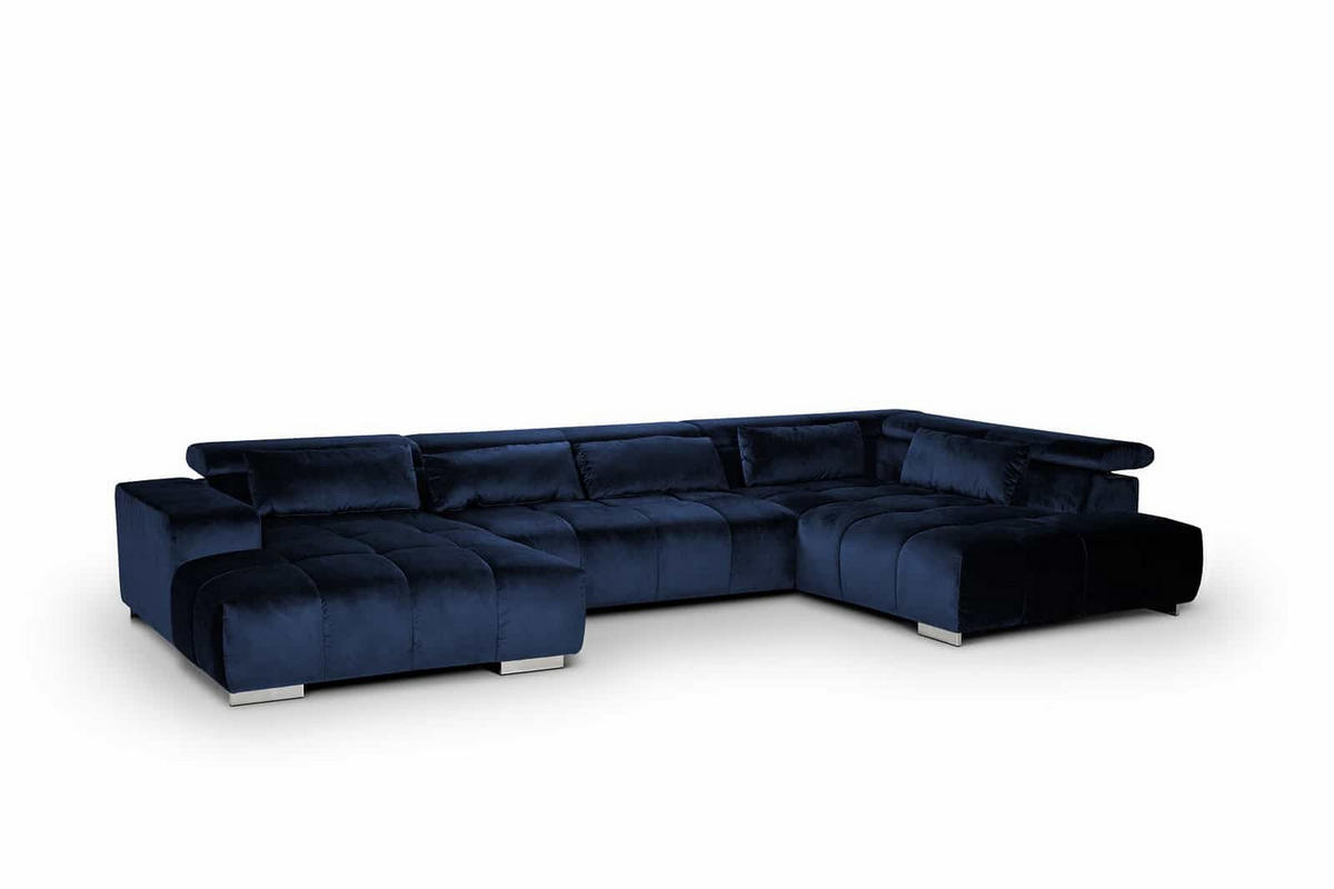 WOHNLANDSCHAFT XXL mit verstellbaren Kopflehnen, Velvet-Stoff - Blau/Silberfarben, Textil/Metall (225/73/409cm) - Cotta
