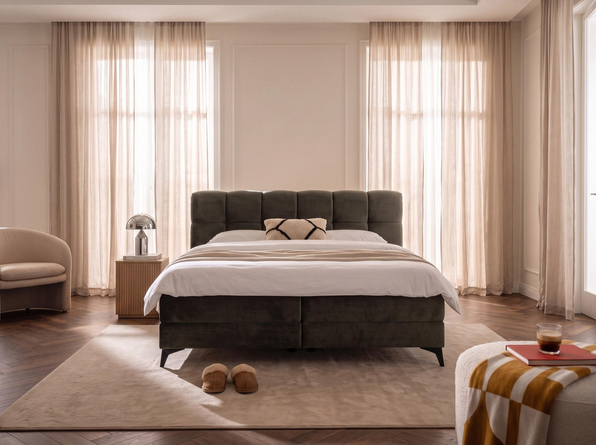 BOXBETT Marbella 160/200 cm Samt Braun mit Bettkasten, mit Matratze, mit Topper H2/H3 - Schwarz/Braun, Textil (160/200cm) - wonello