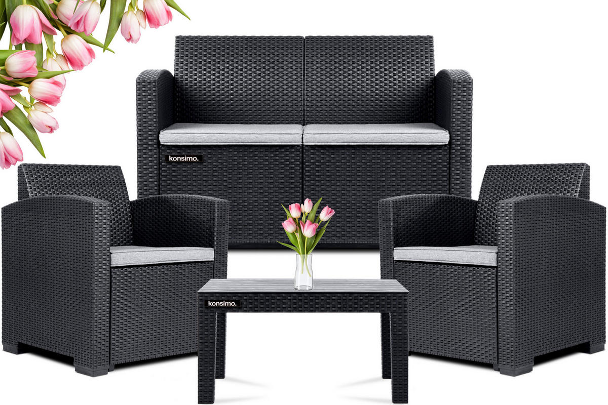 GARTENSET HORILES 4-tlg 2-Sitzer-Sofa Sessel und Gartentisch, anthrazit - Anthrazit, Kunststoff - KONSIMO®