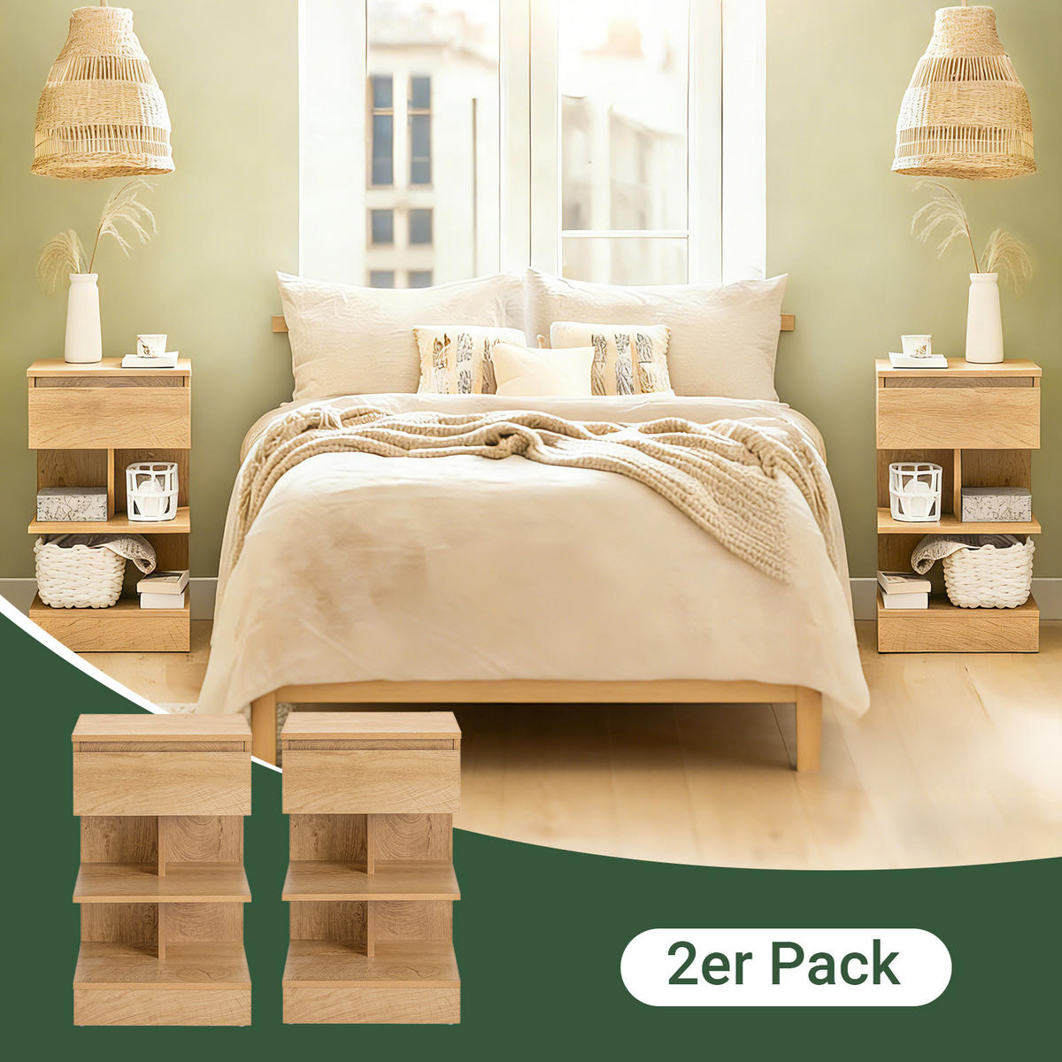 NACHTTISCH 2er Set, Beistelltisch Natur 39x39x65 cm - Naturfarben, Holzwerkstoff (39/65/39cm) - SoBuy