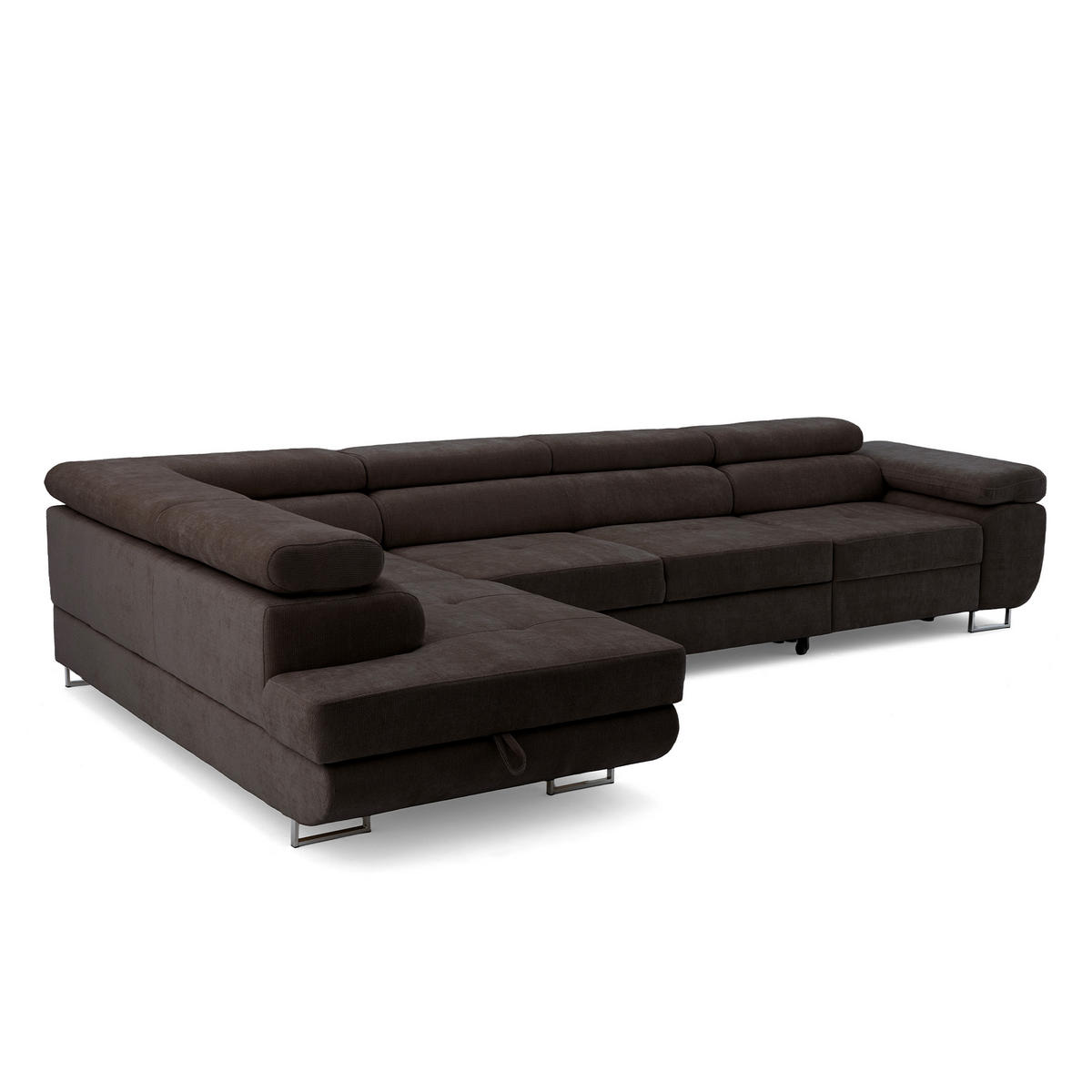 ECKSOFA WILD MAXI L Links mit Schlaffunktion 125x195 Chenille Dunkelbraun - Chromfarben/Dunkelbraun, Holz/Textil (350/203cm) - Muffo