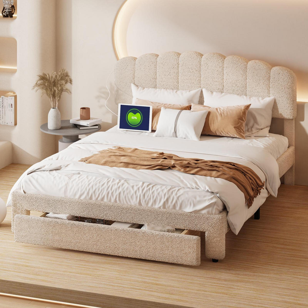 POLSTERBETT 160/200cm, mit Schubladen, USB-A/C Ladefunktion, Lattenrost aus Holz, sherpa gepolstertes Bett, Beige - Beige, Holzwerkstoff (160/200cm) - Brevoria