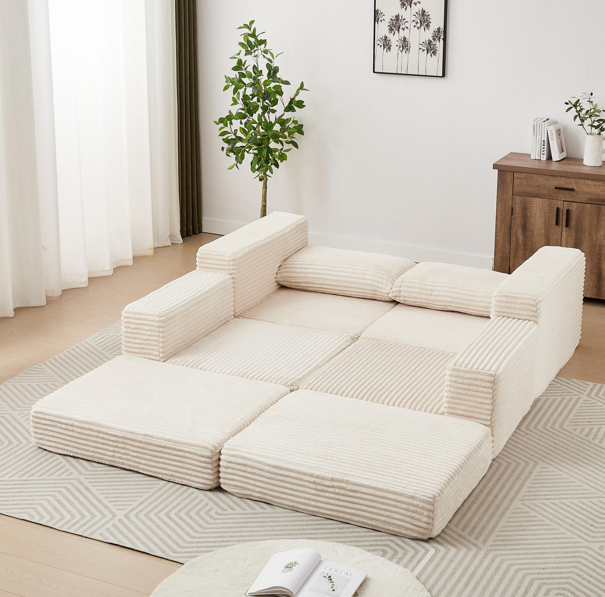 SOFA na razvlačenje bež od samta s pomičnim tabureom i modularnim rasporedom - bež, tekstil (169.5/74/194cm) - OKWISH