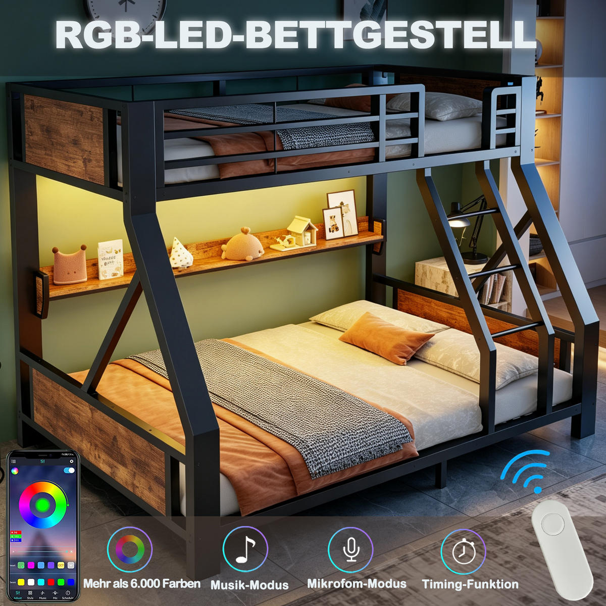 METALL-ETAGENBETT 90x200 / 140x200 cm mit LED, Schwarz - Schwarz, Holz (140/200cm) - FLIEKS