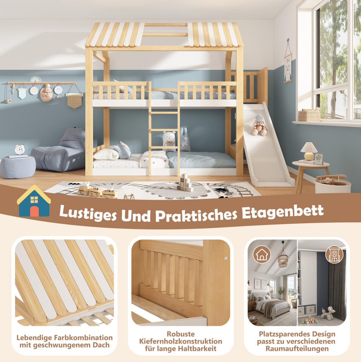 ETAGENBETT mit Giebeldach 90/200 cm Weiß Natur mit Regal, ohne Matratze - Weiß, Holz (90/200cm) - MIVRAY