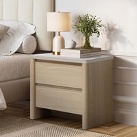 MODERNER Nachttisch mit Schnee-Eichenoptik, Schubladen & Kunst-Travertin-Platte | B53 x T45 x H50 cm - Braun, Holzwerkstoff (53/50/45cm) - Hometopia