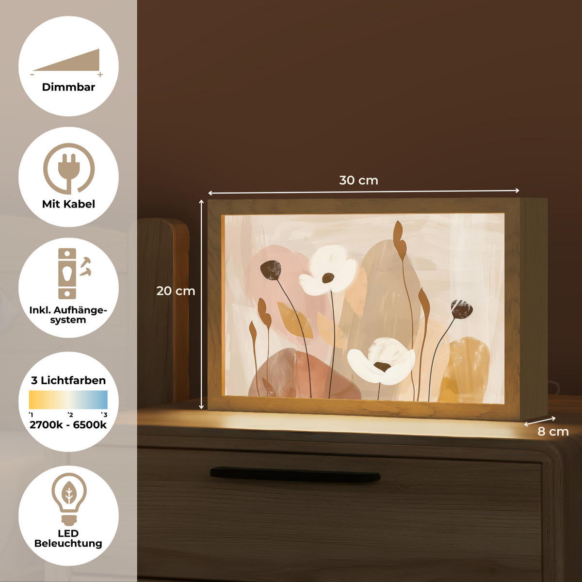 WANDLEUCHTE Blumen - Abstrakt - Beige - Strichzeichnung 30x20 cm - Sandfarben, Holzwerkstoff (30/20/8cm) - OnlyWow