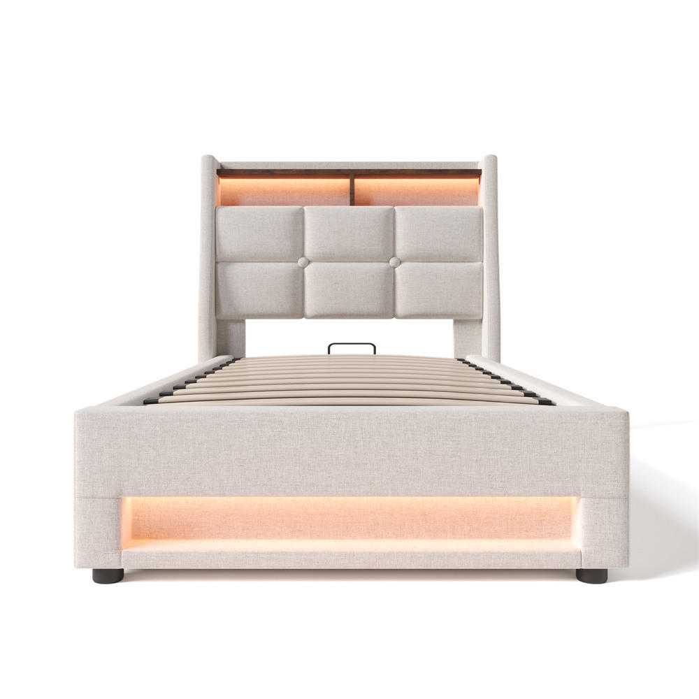 POLSTERBETT 90/200 cm in Linen mit USB - Beige, Holz/Textil (90/200cm) - KOMHTOM