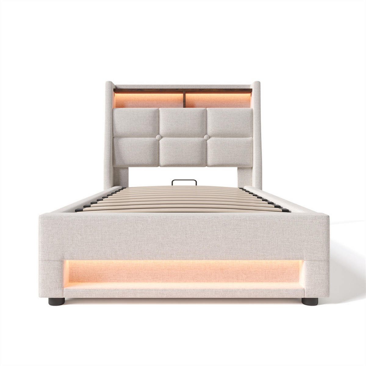 POLSTERBETT 90/200 cm in Linen mit USB - Beige, Holz/Textil (90/200cm) - KOMHTOM