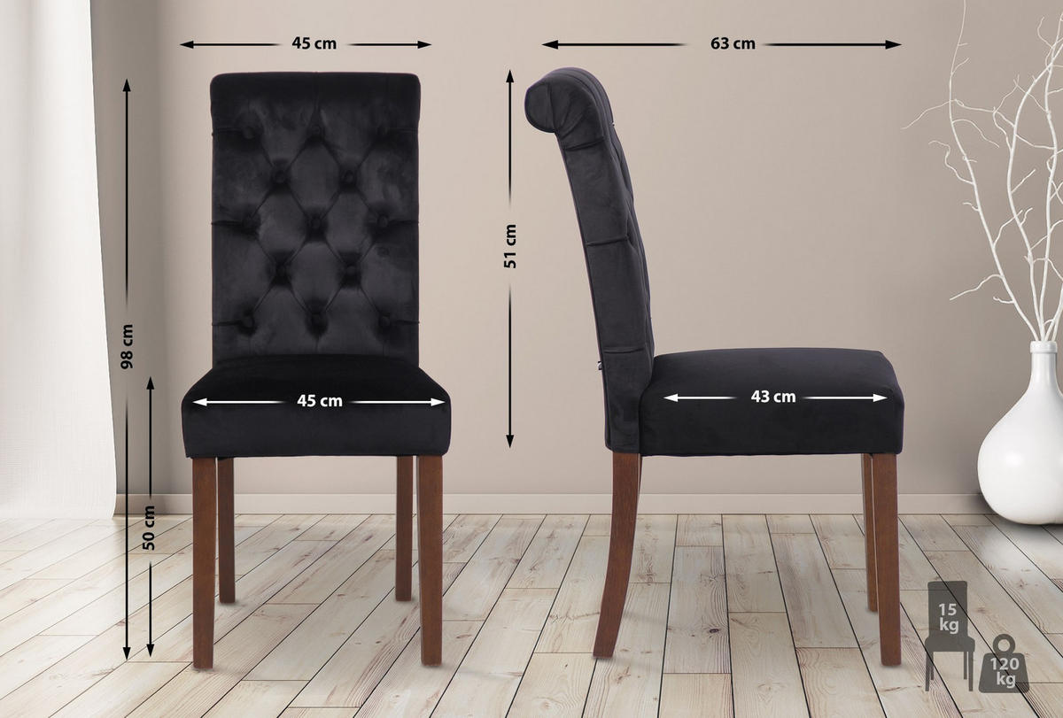 STUHL 2er Set Samt schwarz - Walnussfarben/Schwarz, Holz/Textil (45/98/63cm) - CLP