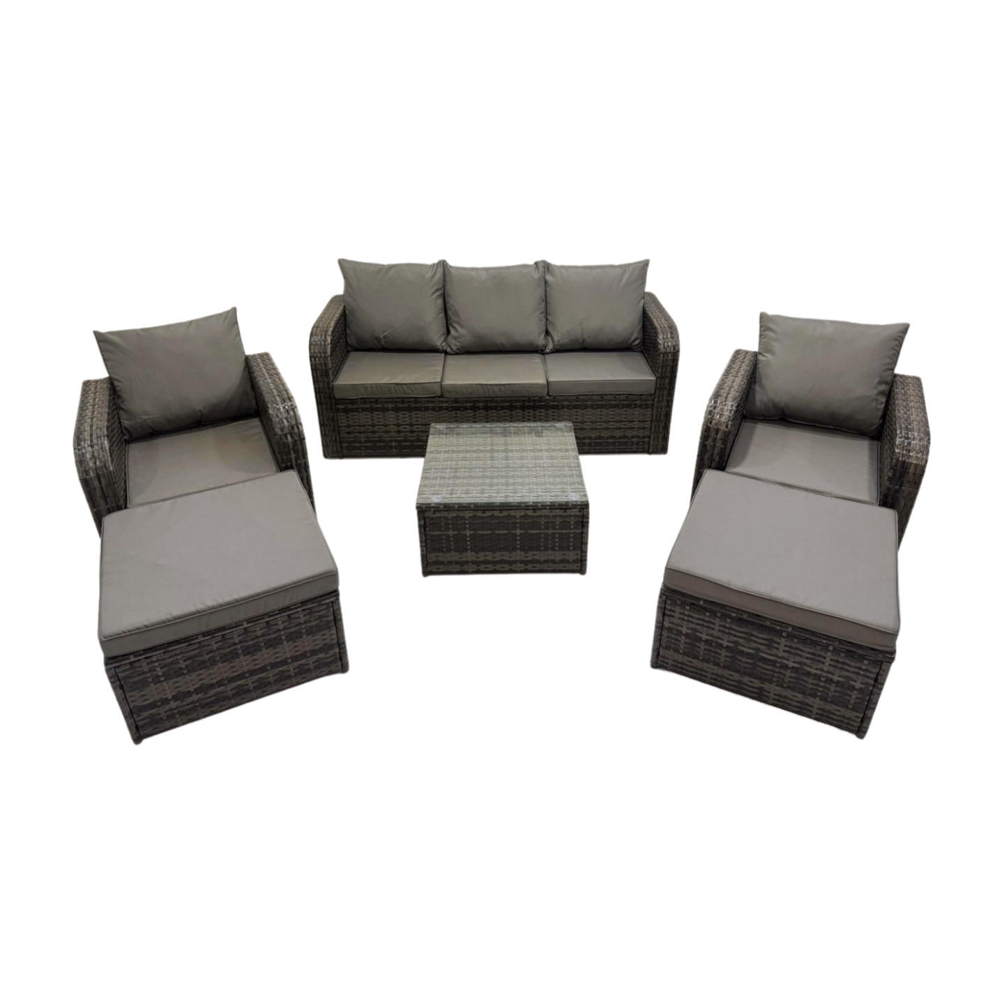 GARTENMÖBEL SET mit 3-SITZER SOFA Polyrattan Dunkelgrau 7-Sitzer - Dunkelgrau/Grau, Glas/Kunststoff - Fimous