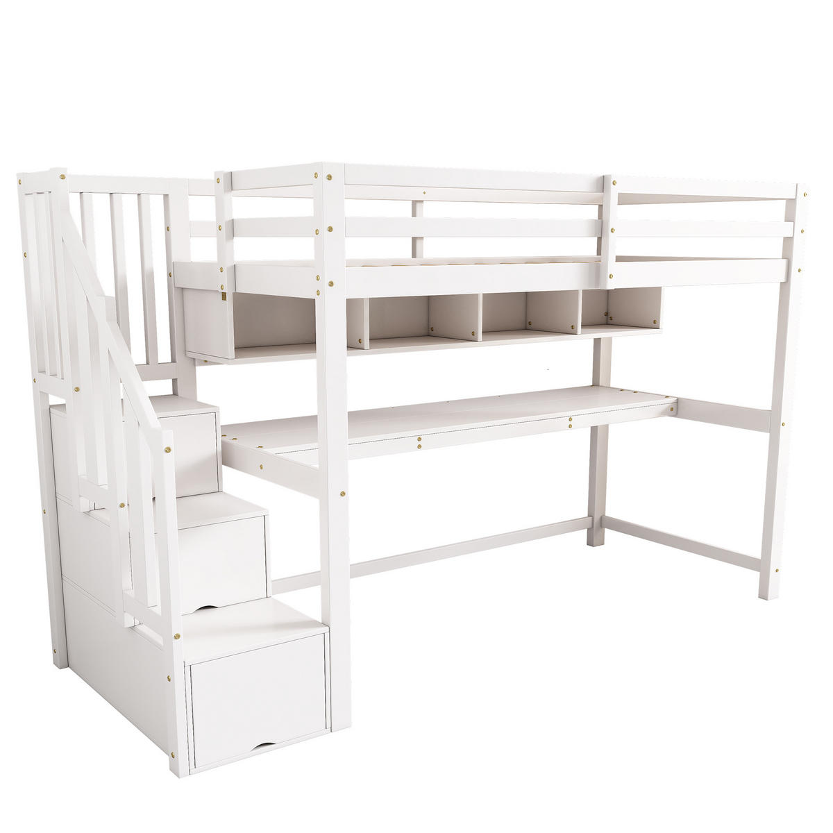 KINDERHOCHBETT 90x200cm Weiß Stauraumtreppe Schreibtisch Regale - Weiß, Holzwerkstoff (90/200cm) - FLIEKS