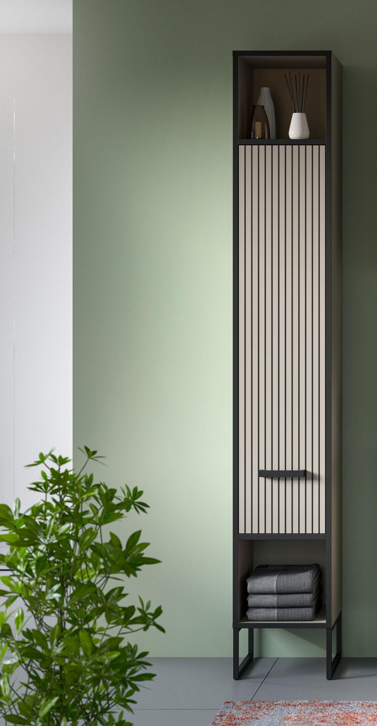 HOCHSCHRANK Bagno Bad in Kaschmir Nachbildung und schwarz - modernes Design - B/H/T: 30x192x32 cm - Kaschmir, Holzwerkstoff (30/192/32cm)