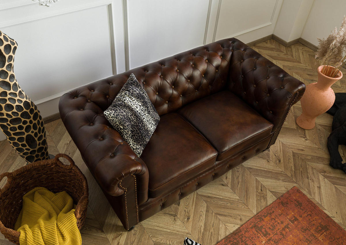SOFA 2-Sitzer Echtleder 158x82x75 braun CHESTERFIELD #102 - Braun, Leder (162/75/82cm) - Massivmoebel24