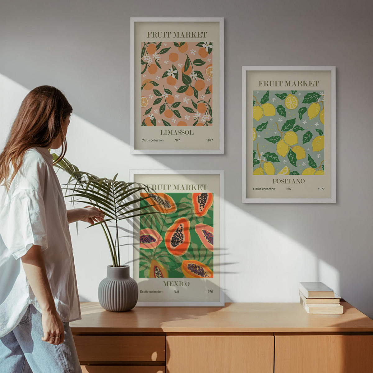 BILDER SET 3er Set - 40x60 cm Weißer Rahmen - Zitrusfrüchte, tropischer Retro-Stil - Weiß, Kunststoff (40/60cm) - TULUP