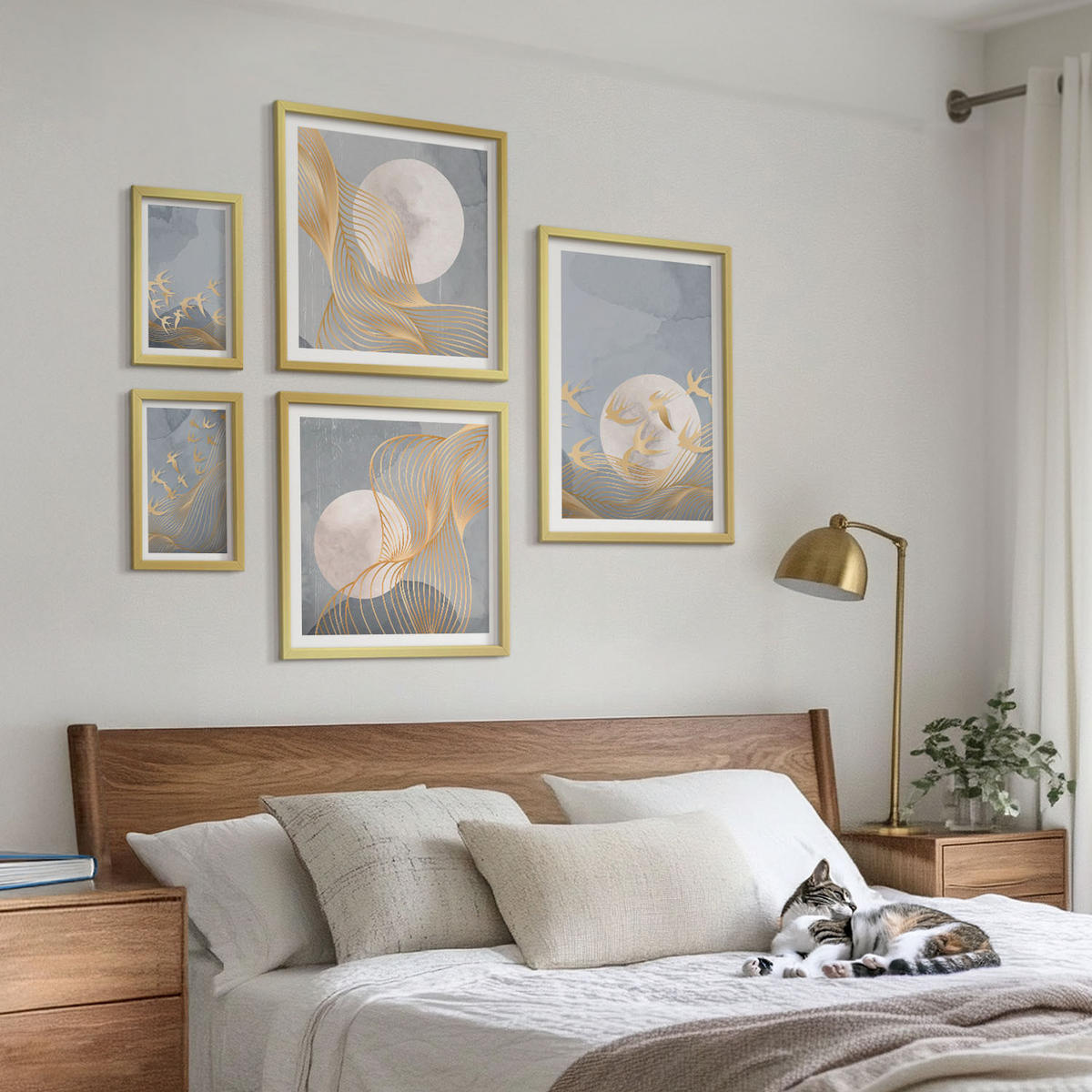 BILDER SET 5er Set - 50x50 cm & 20x30 cm & 40x60 cm Goldrahmen - Weiße Pferde - Goldfarben, Kunststoff (40/60cm) - TULUP