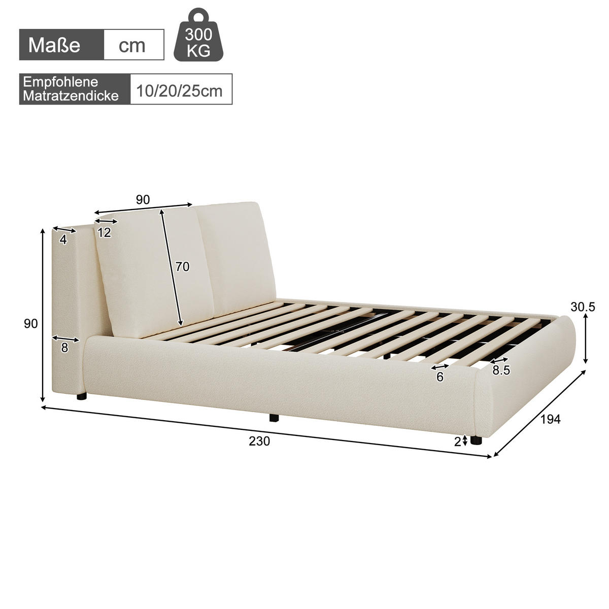 POLSTERBETT 180/200 cm in Beige mit Lattenrost und gepolstertem Kopfteil aus Bouclé - Beige, Holzwerkstoff/Textil - STILVORA
