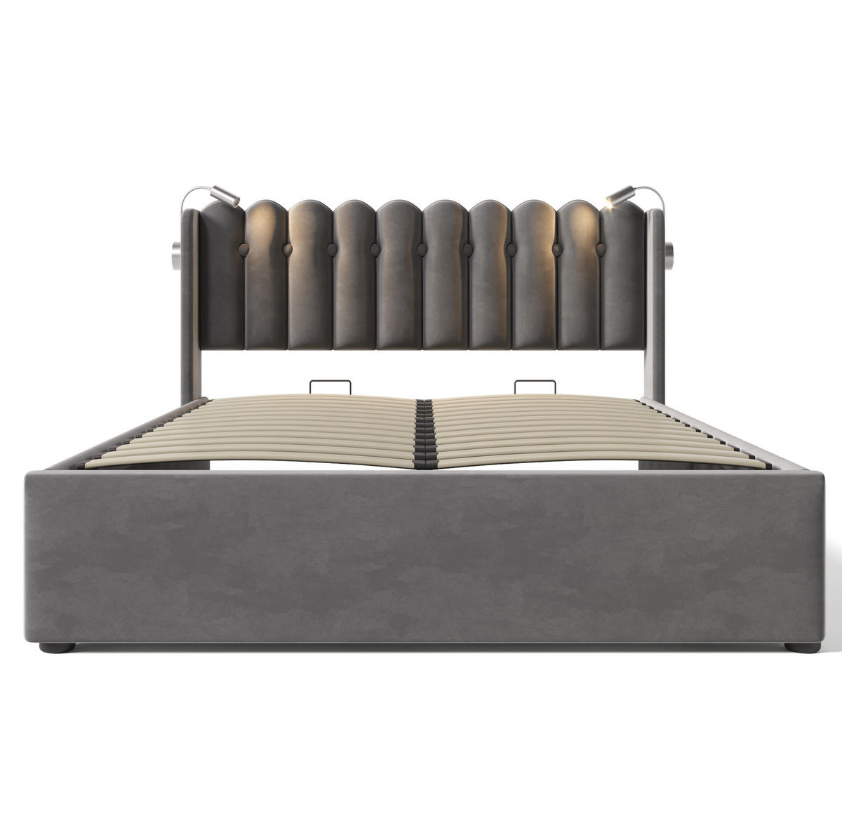 ČALOUNĚNÁ postel 145/206/103 cm samet šedá s čtecím světlem a USB - šedá, textil (140/200cm) - BEAOK