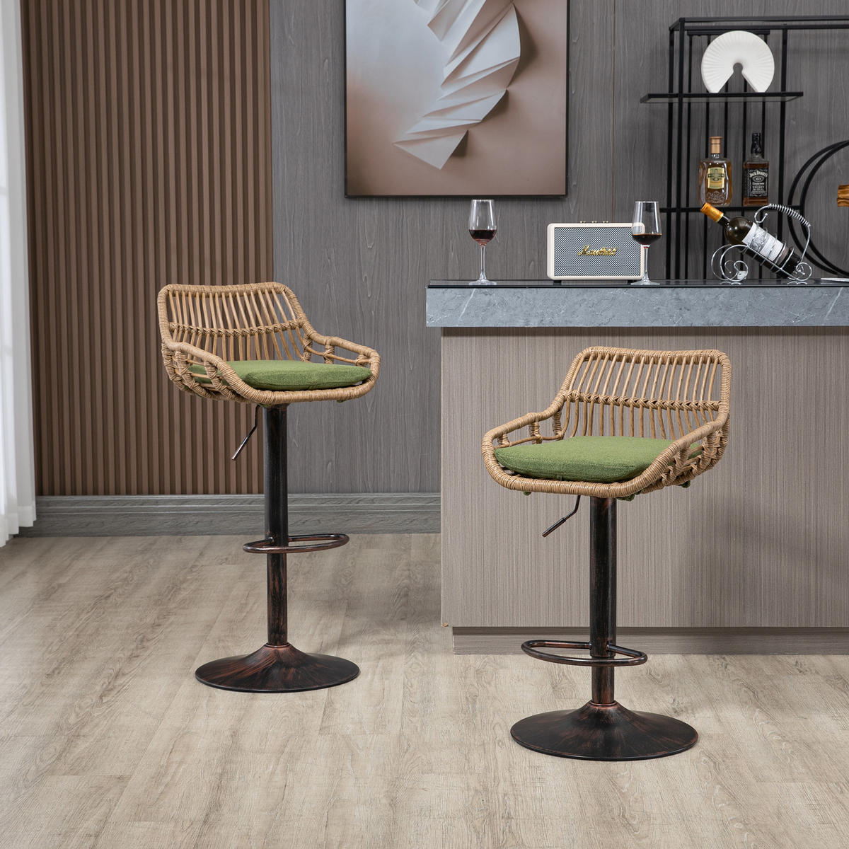 BARHOCKER 2er-Set drehbar mit Rattan und Höhenverstellung, Grün - Grün, Textil (49/89/48cm)